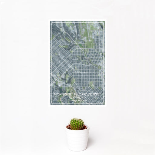 12x18 Northside Historic District Fort Worth Map Print Portrait Orientation in Afternoon Style With Small Cactus Plant in White Planter