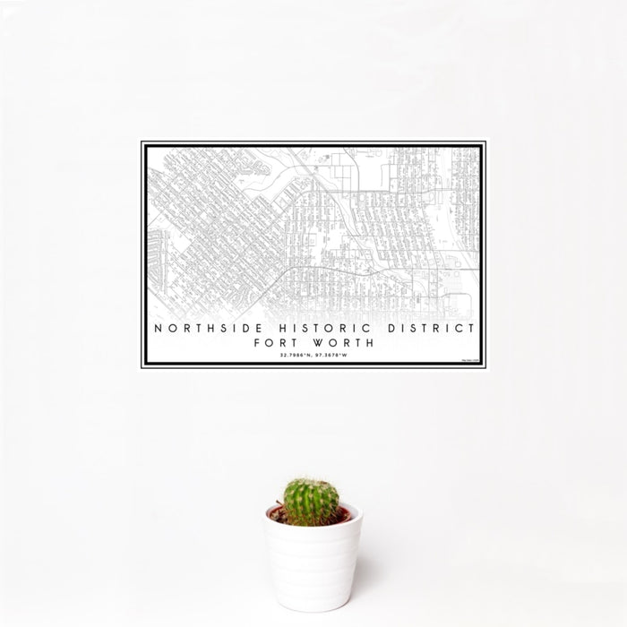 12x18 Northside Historic District Fort Worth Map Print Landscape Orientation in Classic Style With Small Cactus Plant in White Planter