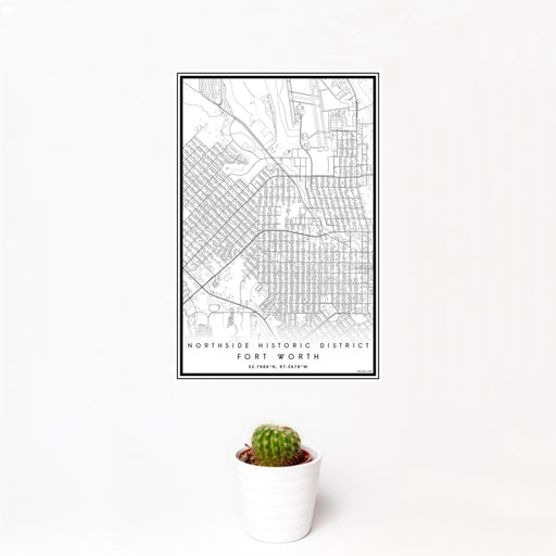 12x18 Northside Historic District Fort Worth Map Print Portrait Orientation in Classic Style With Small Cactus Plant in White Planter