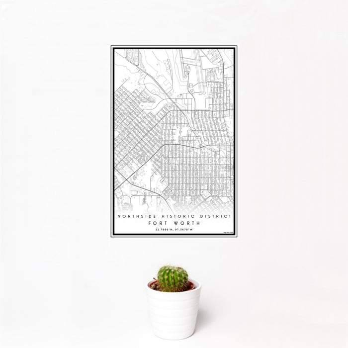 12x18 Northside Historic District Fort Worth Map Print Portrait Orientation in Classic Style With Small Cactus Plant in White Planter