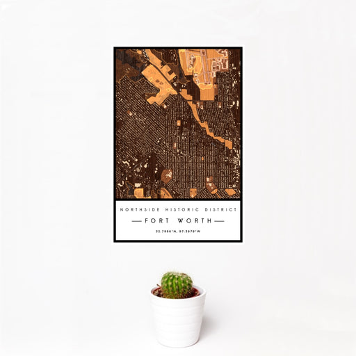 12x18 Northside Historic District Fort Worth Map Print Portrait Orientation in Ember Style With Small Cactus Plant in White Planter