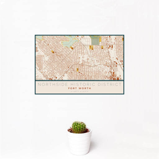 12x18 Northside Historic District Fort Worth Map Print Landscape Orientation in Woodblock Style With Small Cactus Plant in White Planter