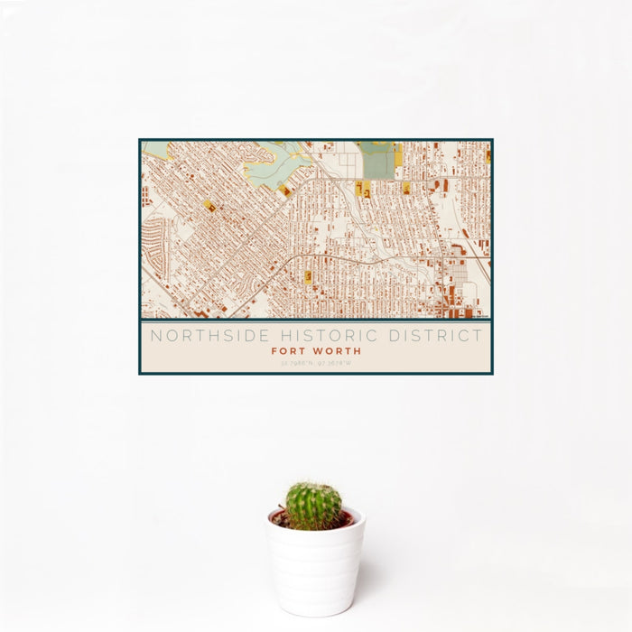 12x18 Northside Historic District Fort Worth Map Print Landscape Orientation in Woodblock Style With Small Cactus Plant in White Planter
