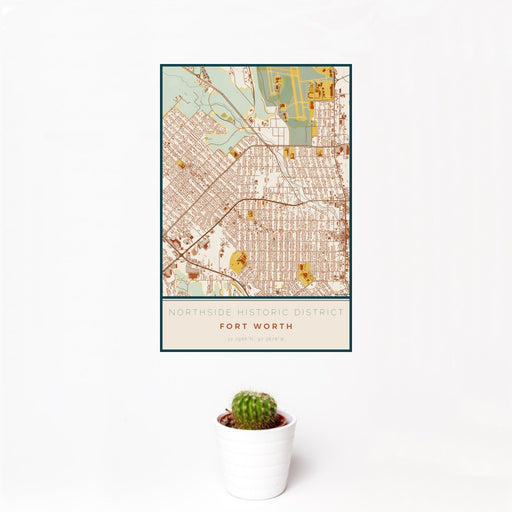 12x18 Northside Historic District Fort Worth Map Print Portrait Orientation in Woodblock Style With Small Cactus Plant in White Planter