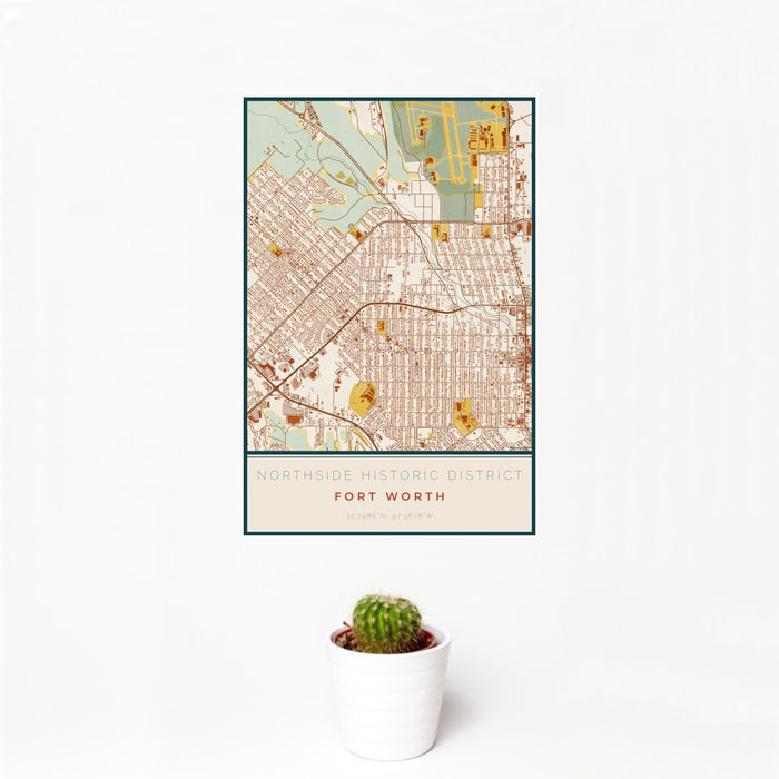 12x18 Northside Historic District Fort Worth Map Print Portrait Orientation in Woodblock Style With Small Cactus Plant in White Planter
