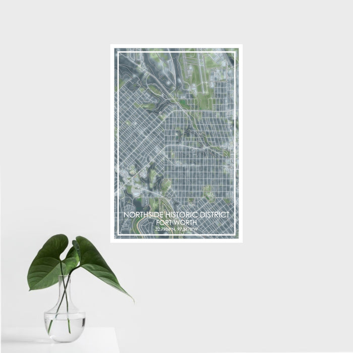 16x24 Northside Historic District Fort Worth Map Print Portrait Orientation in Afternoon Style With Tropical Plant Leaves in Water