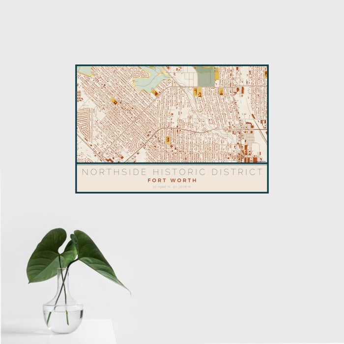 16x24 Northside Historic District Fort Worth Map Print Landscape Orientation in Woodblock Style With Tropical Plant Leaves in Water