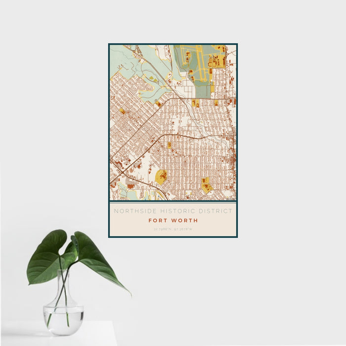 16x24 Northside Historic District Fort Worth Map Print Portrait Orientation in Woodblock Style With Tropical Plant Leaves in Water