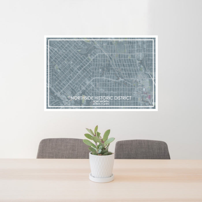 24x36 Northside Historic District Fort Worth Map Print Lanscape Orientation in Afternoon Style Behind 2 Chairs Table and Potted Plant