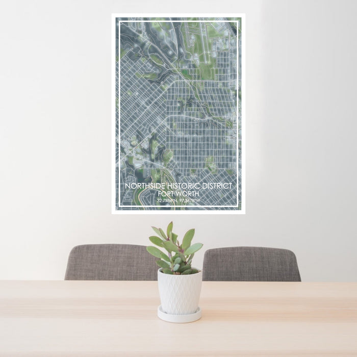 24x36 Northside Historic District Fort Worth Map Print Portrait Orientation in Afternoon Style Behind 2 Chairs Table and Potted Plant