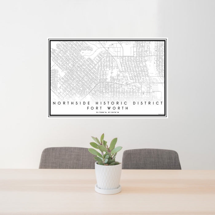 24x36 Northside Historic District Fort Worth Map Print Lanscape Orientation in Classic Style Behind 2 Chairs Table and Potted Plant