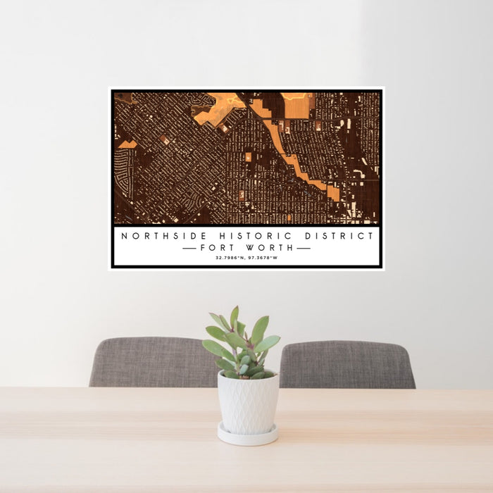 24x36 Northside Historic District Fort Worth Map Print Lanscape Orientation in Ember Style Behind 2 Chairs Table and Potted Plant