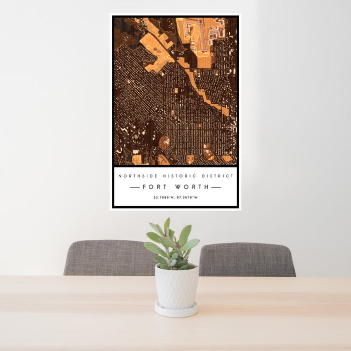 24x36 Northside Historic District Fort Worth Map Print Portrait Orientation in Ember Style Behind 2 Chairs Table and Potted Plant