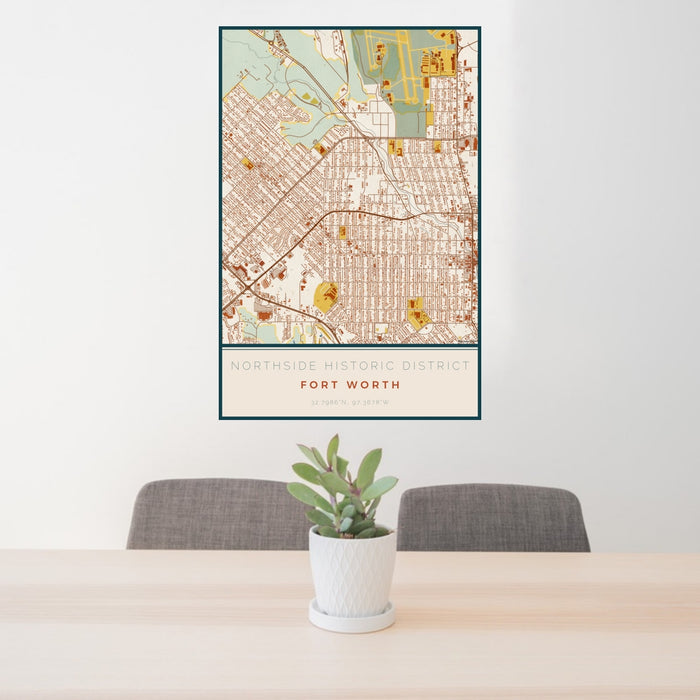 24x36 Northside Historic District Fort Worth Map Print Portrait Orientation in Woodblock Style Behind 2 Chairs Table and Potted Plant