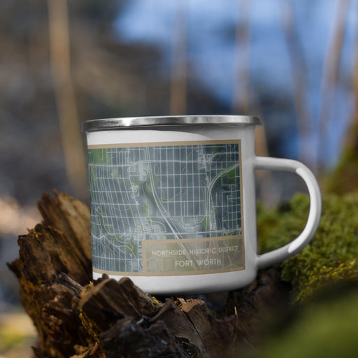 Right View Custom Northside Historic District Fort Worth Map Enamel Mug in Afternoon on Grass With Trees in Background