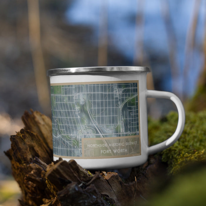 Right View Custom Northside Historic District Fort Worth Map Enamel Mug in Afternoon on Grass With Trees in Background