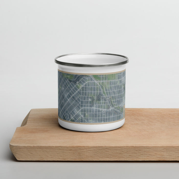 Front View Custom Northside Historic District Fort Worth Map Enamel Mug in Afternoon on Cutting Board