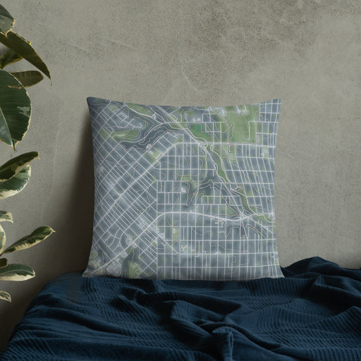 Custom Northside Historic District Fort Worth Map Throw Pillow in Afternoon on Bedding Against Wall