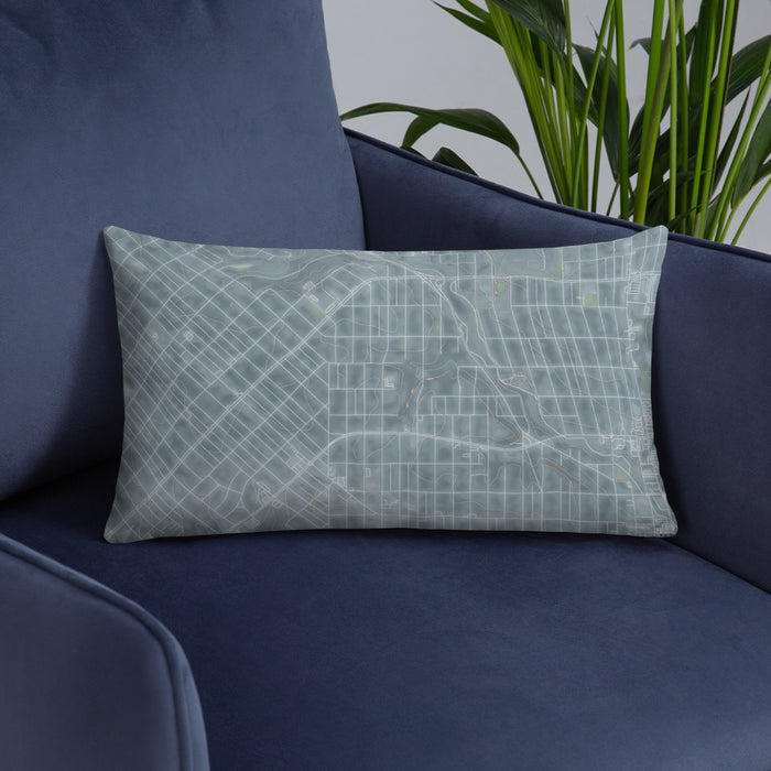 Custom Northside Historic District Fort Worth Map Throw Pillow in Afternoon on Blue Colored Chair