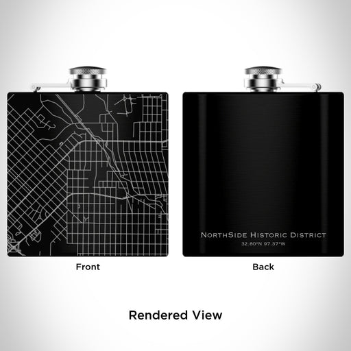 Rendered View of NorthSide Historic District Fort Worth Map Engraving on 6oz Stainless Steel Flask in Black