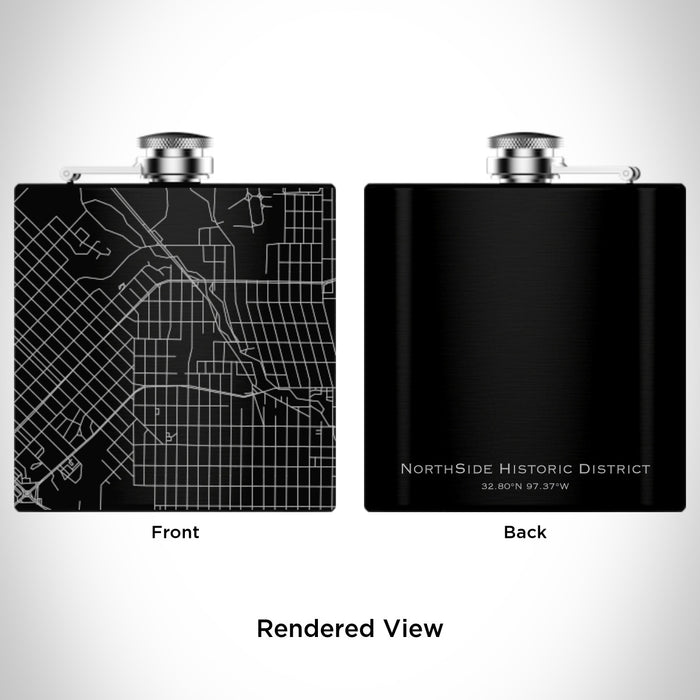 Rendered View of NorthSide Historic District Fort Worth Map Engraving on 6oz Stainless Steel Flask in Black