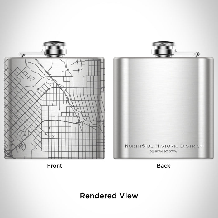 Rendered View of NorthSide Historic District Fort Worth Map Engraving on 6oz Stainless Steel Flask