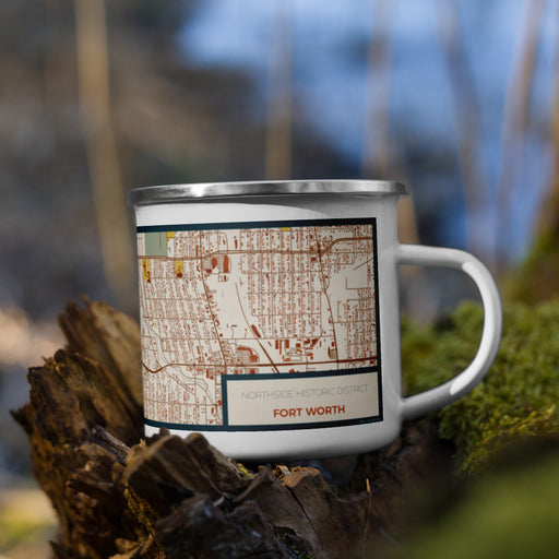 Right View Custom Northside Historic District Fort Worth Map Enamel Mug in Woodblock on Grass With Trees in Background