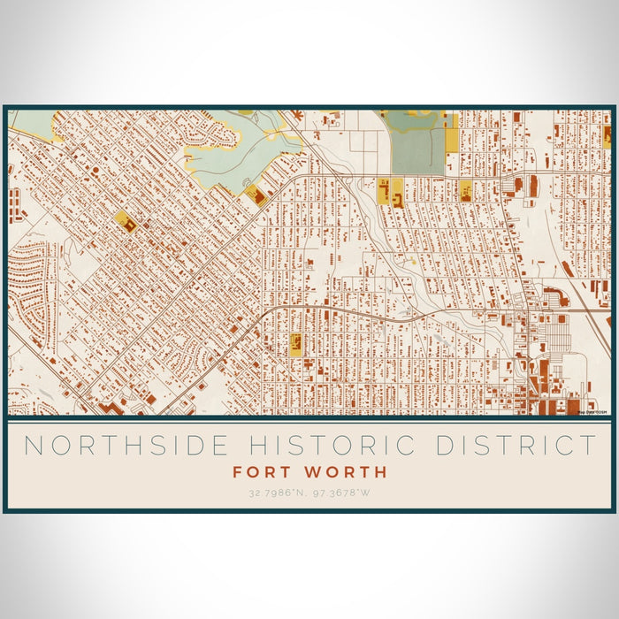 Northside Historic District Fort Worth Map Print Landscape Orientation in Woodblock Style With Shaded Background