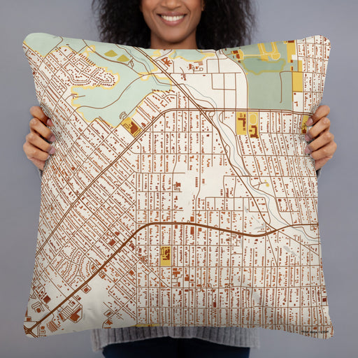 Person holding 22x22 Custom Northside Historic District Fort Worth Map Throw Pillow in Woodblock