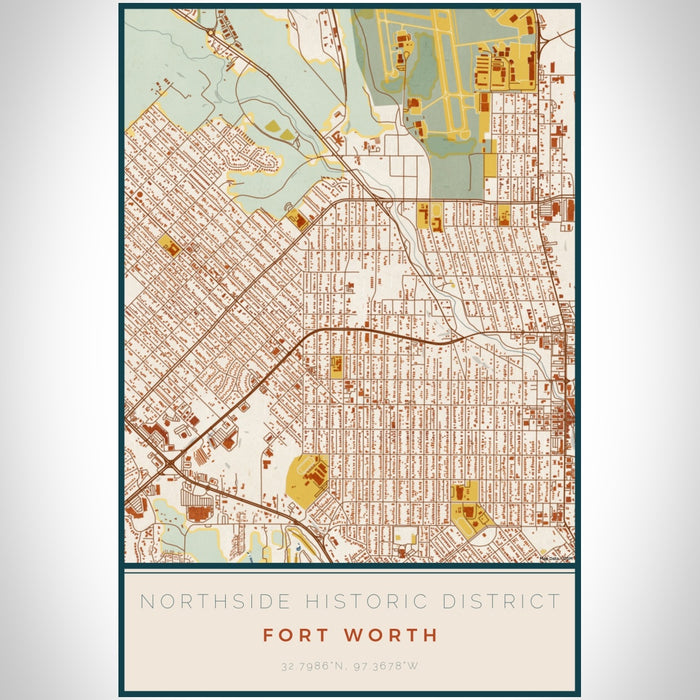 Northside Historic District Fort Worth Map Print Portrait Orientation in Woodblock Style With Shaded Background