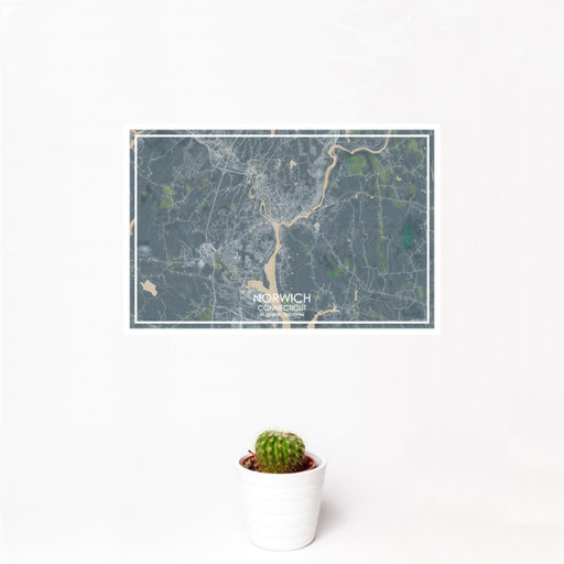 12x18 Norwich Connecticut Map Print Landscape Orientation in Afternoon Style With Small Cactus Plant in White Planter