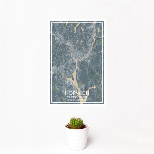 12x18 Norwich Connecticut Map Print Portrait Orientation in Afternoon Style With Small Cactus Plant in White Planter