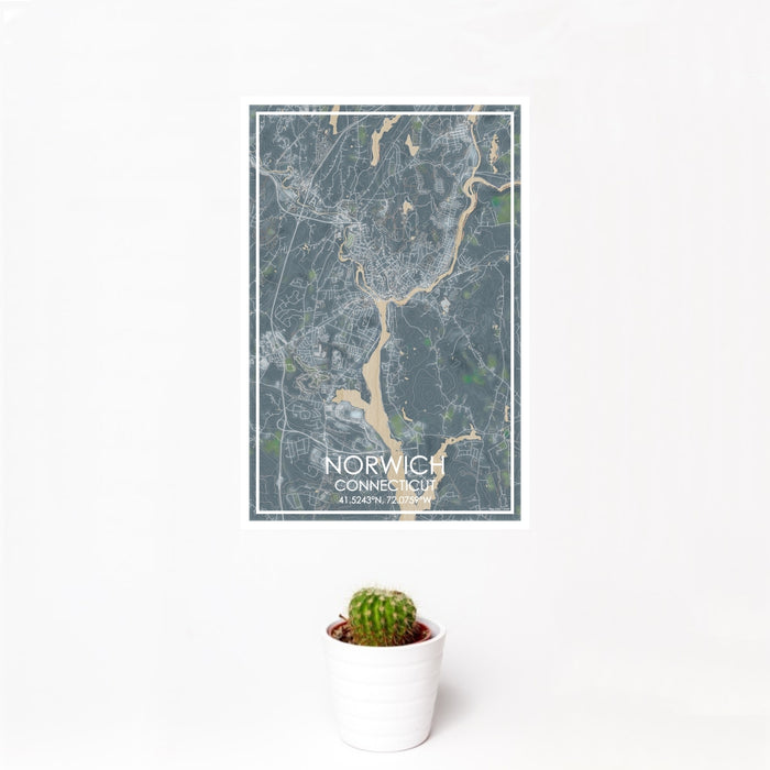 12x18 Norwich Connecticut Map Print Portrait Orientation in Afternoon Style With Small Cactus Plant in White Planter
