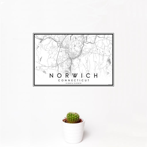 12x18 Norwich Connecticut Map Print Landscape Orientation in Classic Style With Small Cactus Plant in White Planter