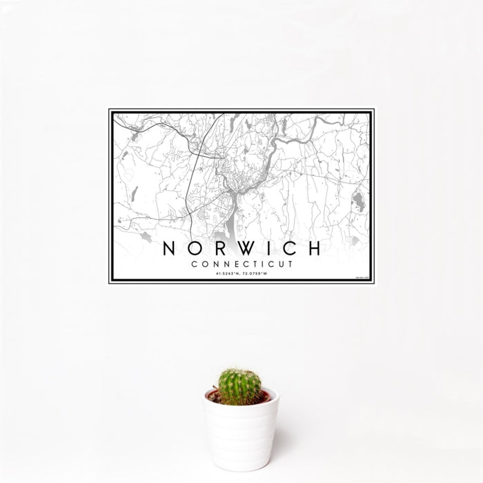 12x18 Norwich Connecticut Map Print Landscape Orientation in Classic Style With Small Cactus Plant in White Planter