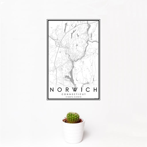 12x18 Norwich Connecticut Map Print Portrait Orientation in Classic Style With Small Cactus Plant in White Planter