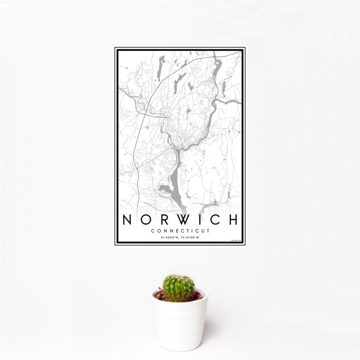 12x18 Norwich Connecticut Map Print Portrait Orientation in Classic Style With Small Cactus Plant in White Planter