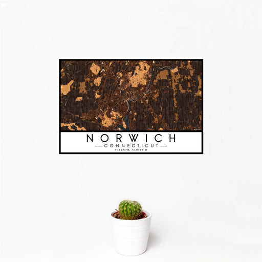 12x18 Norwich Connecticut Map Print Landscape Orientation in Ember Style With Small Cactus Plant in White Planter