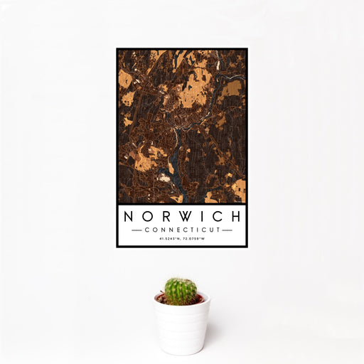 12x18 Norwich Connecticut Map Print Portrait Orientation in Ember Style With Small Cactus Plant in White Planter