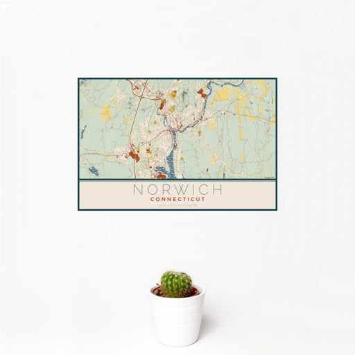 12x18 Norwich Connecticut Map Print Landscape Orientation in Woodblock Style With Small Cactus Plant in White Planter