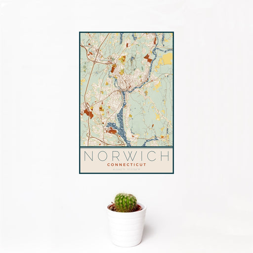 12x18 Norwich Connecticut Map Print Portrait Orientation in Woodblock Style With Small Cactus Plant in White Planter