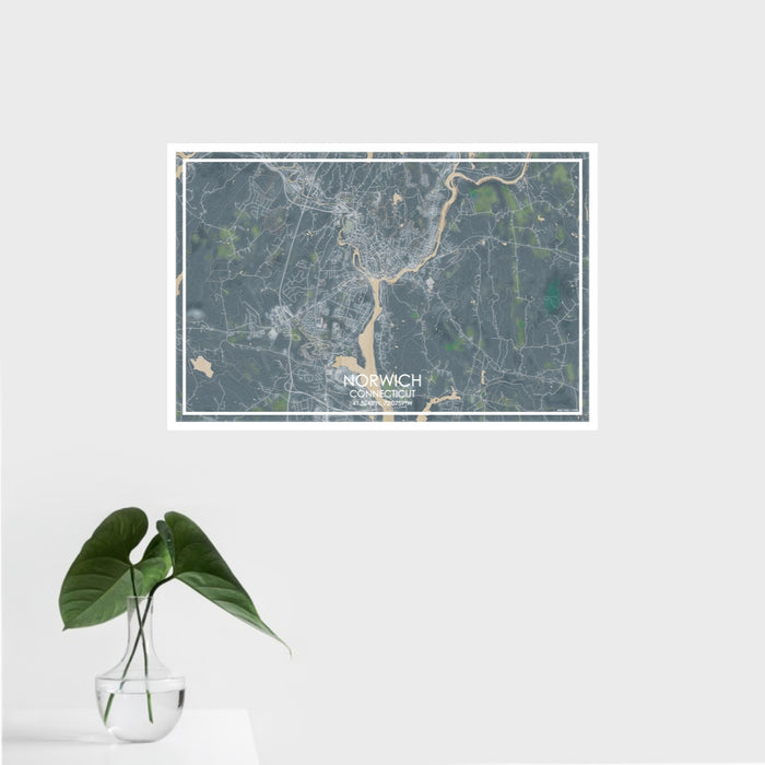 16x24 Norwich Connecticut Map Print Landscape Orientation in Afternoon Style With Tropical Plant Leaves in Water