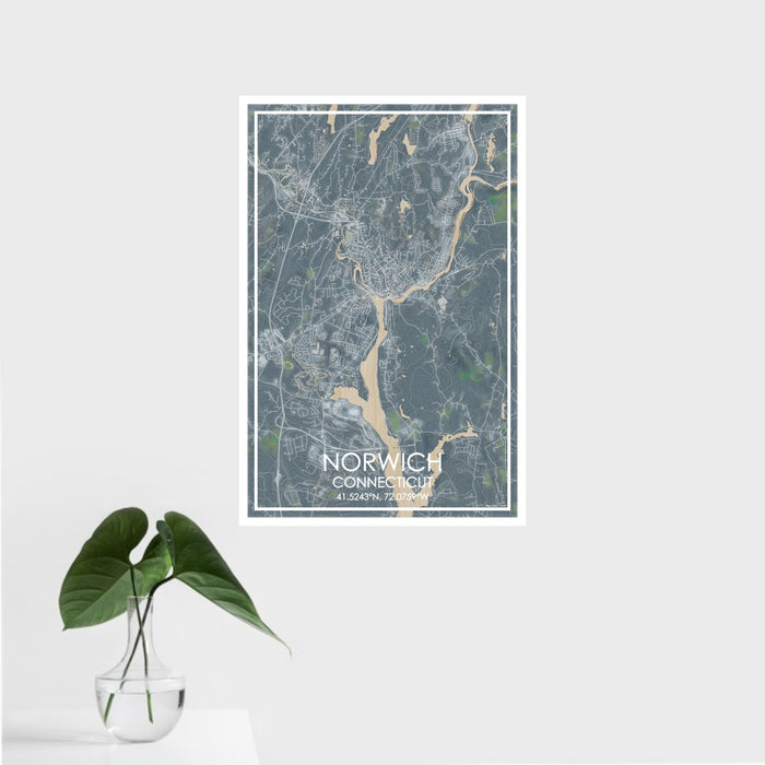 16x24 Norwich Connecticut Map Print Portrait Orientation in Afternoon Style With Tropical Plant Leaves in Water