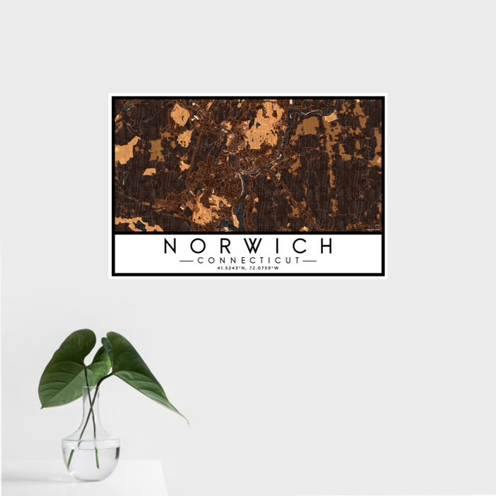 16x24 Norwich Connecticut Map Print Landscape Orientation in Ember Style With Tropical Plant Leaves in Water