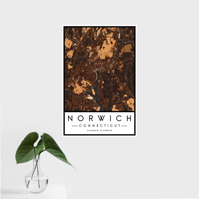 16x24 Norwich Connecticut Map Print Portrait Orientation in Ember Style With Tropical Plant Leaves in Water