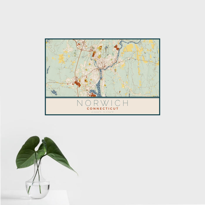 16x24 Norwich Connecticut Map Print Landscape Orientation in Woodblock Style With Tropical Plant Leaves in Water