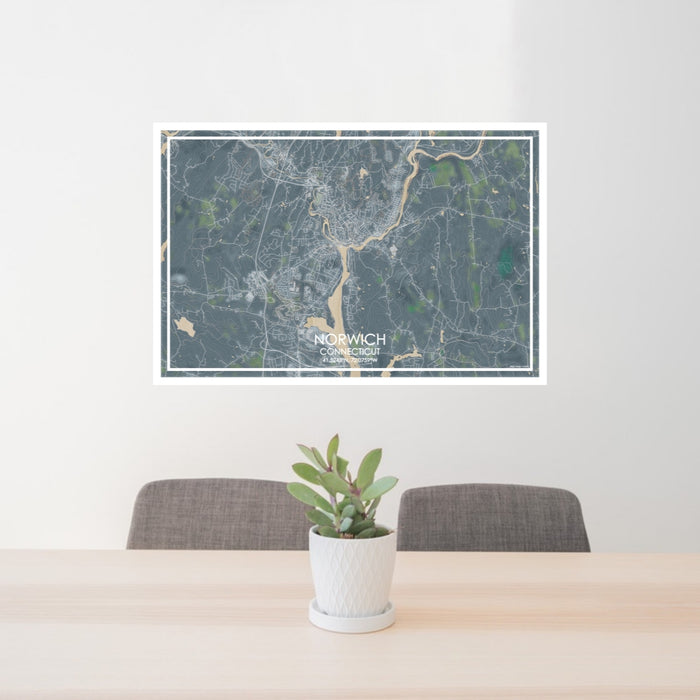 24x36 Norwich Connecticut Map Print Lanscape Orientation in Afternoon Style Behind 2 Chairs Table and Potted Plant