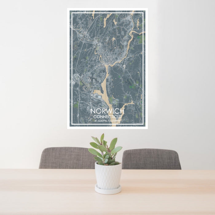 24x36 Norwich Connecticut Map Print Portrait Orientation in Afternoon Style Behind 2 Chairs Table and Potted Plant