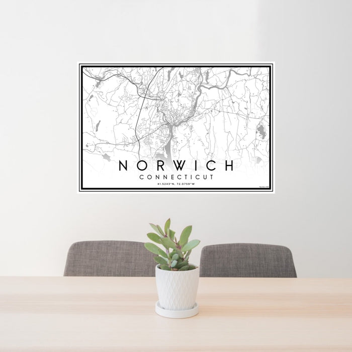 24x36 Norwich Connecticut Map Print Lanscape Orientation in Classic Style Behind 2 Chairs Table and Potted Plant