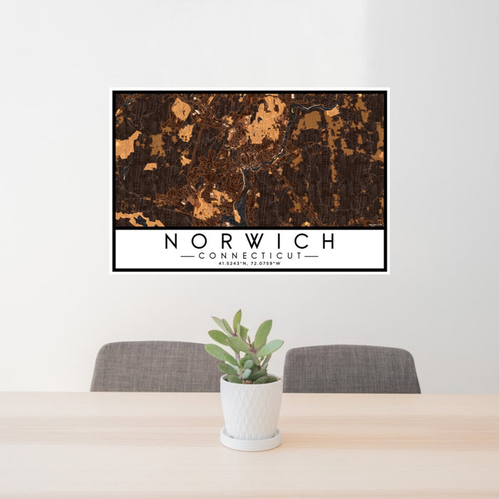 24x36 Norwich Connecticut Map Print Lanscape Orientation in Ember Style Behind 2 Chairs Table and Potted Plant